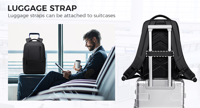 Text reads 'LUGGAGE STRAP' and 'Luggage straps can be attached to suitcases'. Shows black backpack on airplane seat and detached strap attachment points.