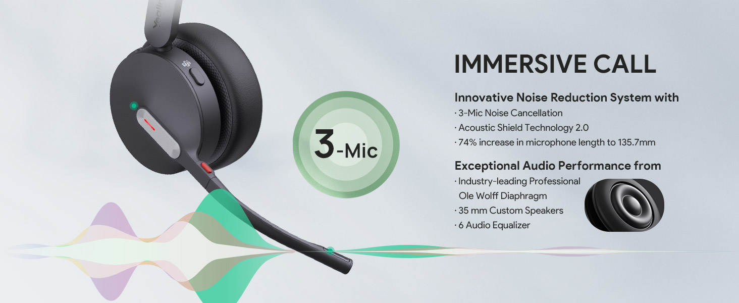 Wireless headset with microphone boom. Features 3-Mic technology and noise reduction. Text highlights 'IMMERSIVE CALL' and audio performance.