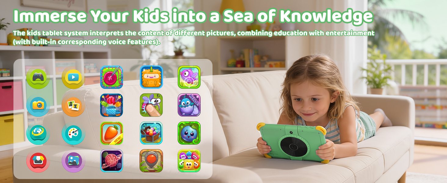 Text reads: 'Immerse Your Kid into a Sea of Knowledge.' Display of colorful educational app icons arranged in rows, showing interactive learning interface on tablet device.
