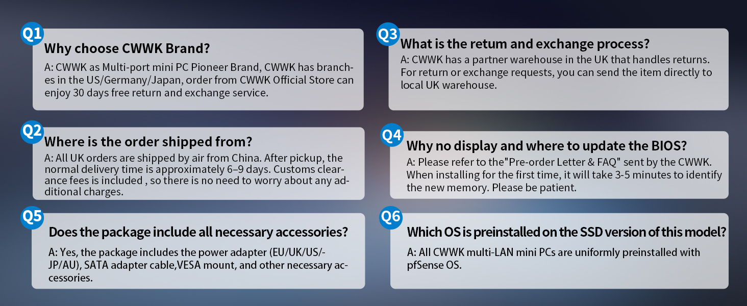 Blue-tinted FAQ or instruction panel with numbered questions and answers. Multiple sections contain detailed text explanations with question marks and numbering.