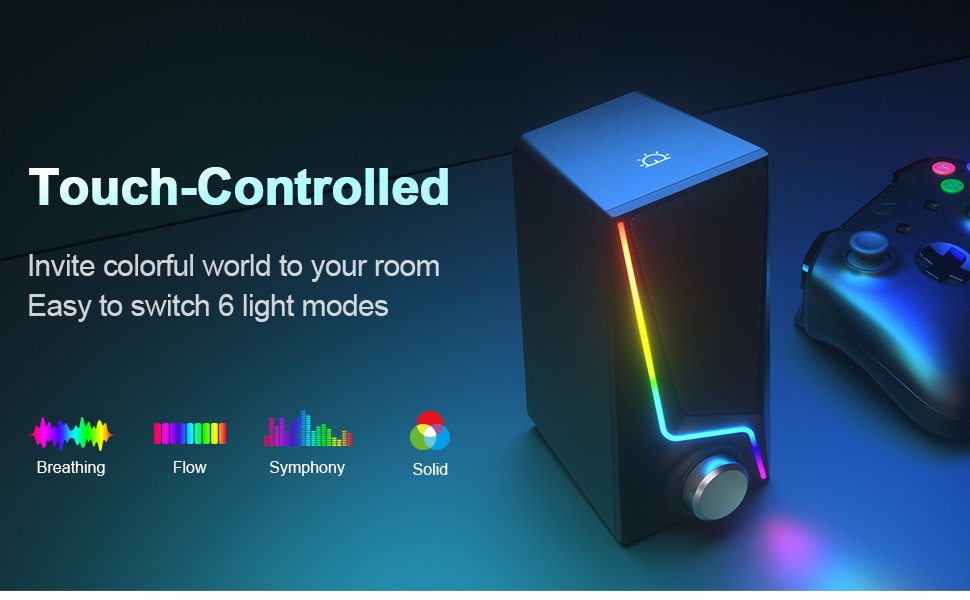 Text reads 'Powerful Intense Bass' with subtext about frequency range. Two blue illuminated speaker units flanking dynamic sound wave visualization in center.