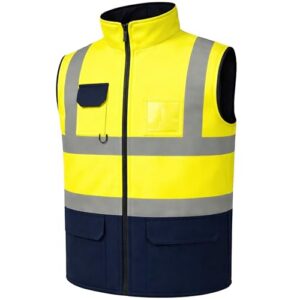 Hi-Vis Reversible Waterproof Fleece Bodywarmer Gilet Waistcoat – High Visibility Safety Vest – Orange/Navy
