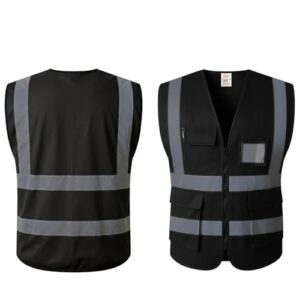 Hi Vis Vest Black Zipped with Pockets – Reflective Executive Safety Vest for Security