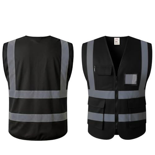 Hi Vis Vest Black Zipped with Pockets – Reflective Executive Safety Vest for Security