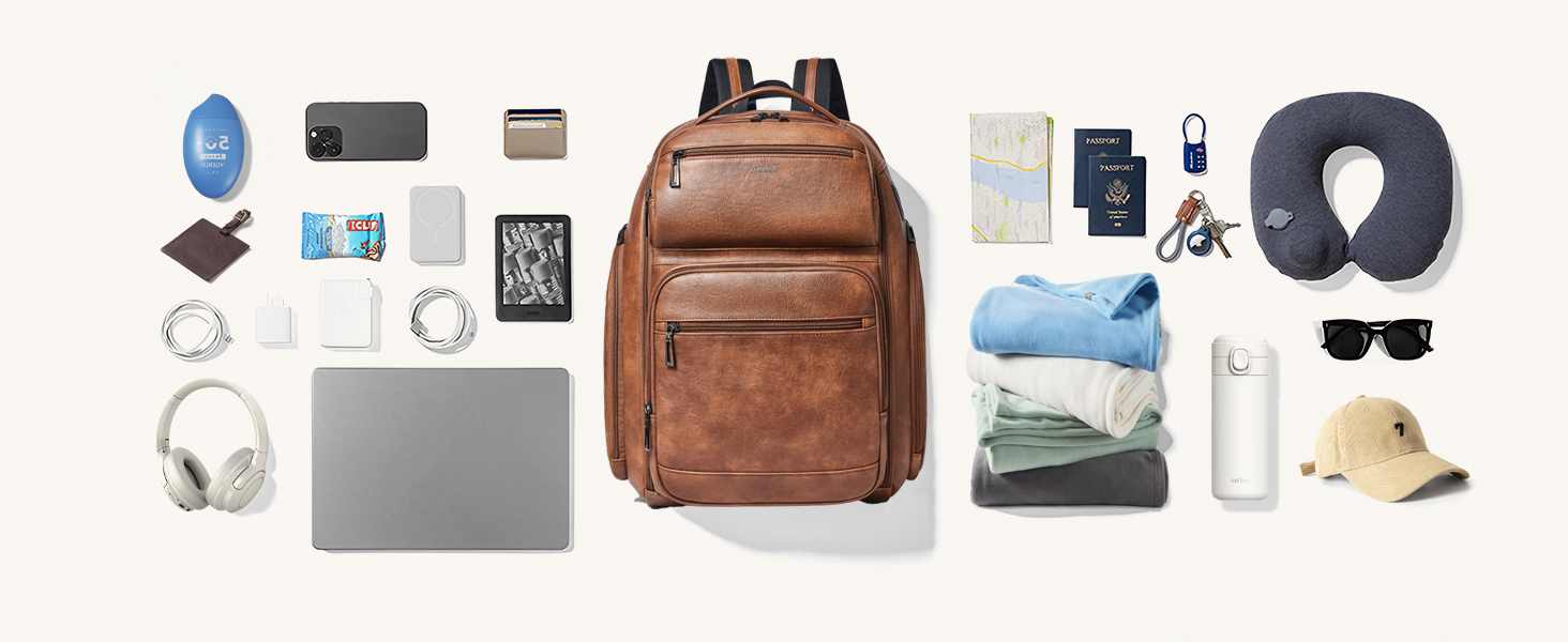 Brown leather backpack displayed centrally surrounded by travel essentials including laptop, headphones, neck pillow, sunglasses, wallet, passport, cables, and toiletries organized in flat lay composition.