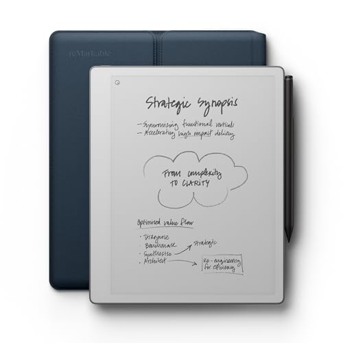 eMarkable Paper Pure bundle – 10.3” paper tablet with black-and-white display – Digital notebook for better writing and reading. Includes Ocean Blue Sleeve Folio and Marker Plus with built-in erase