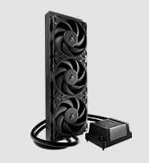 Three computer cooling systems with radiators and RGB fans. Models include all-black, white with RGB, and black with RGB. Arctic logo visible.