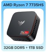Text reads 'AMD Ryzen 7 7735HS' and '16GB DDR4+128GB SSD'. Small black rectangular computer device shown against blue background banner.