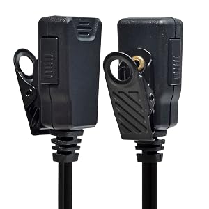 Hearing aid device with coiled wire. Four panels show ear placement, full device view, close-up of coiled wire, and adjustable ear hook.
