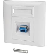 Text reads 'CAT5e'. White single-port ethernet wall plate with mounting hardware and modular jack components shown disassembled.