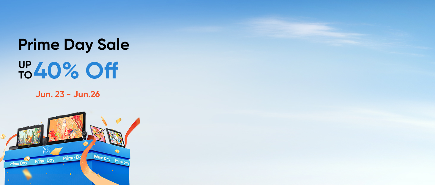 Text reads 'Prime Day Sale', 'up to 40% Off', 'Jun 20 - Jun 25'. Promotional banner featuring blue background with shopping-related graphics and electronics, advertising summer sale event.