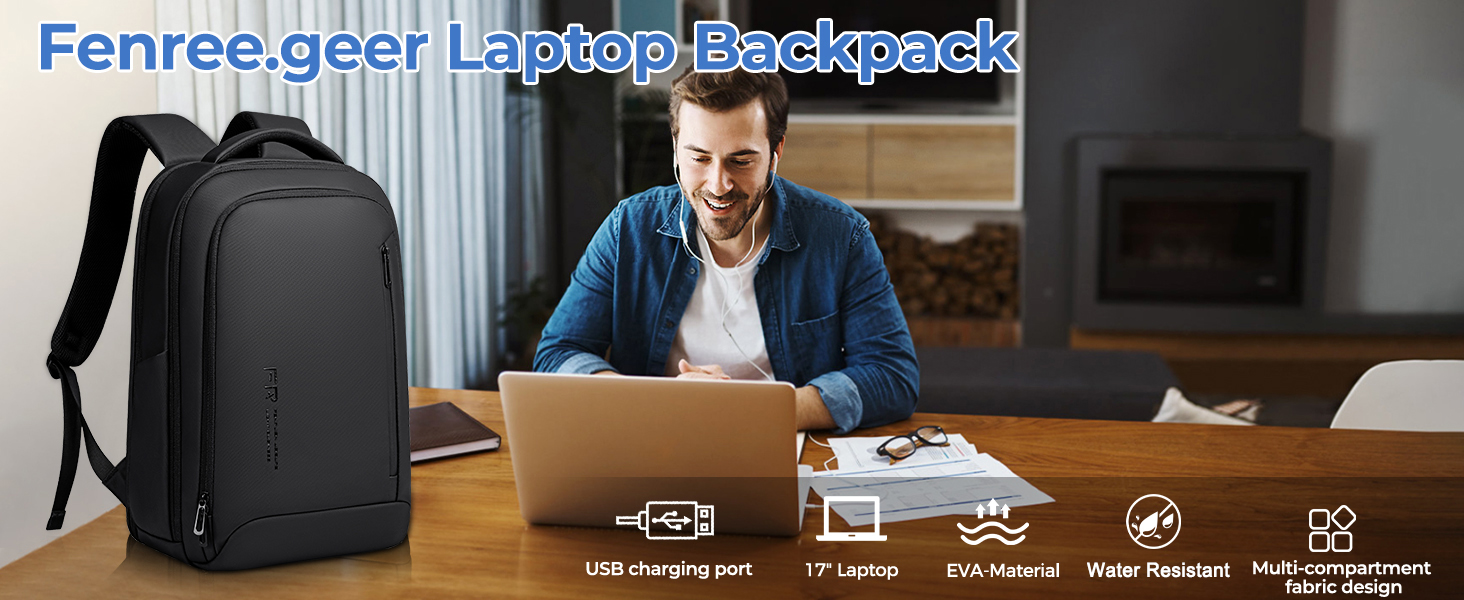 Text reads 'Fenree.gegi Laptop Backpack'. Multiple product photos showing a black laptop backpack with various compartments and features demonstrated.