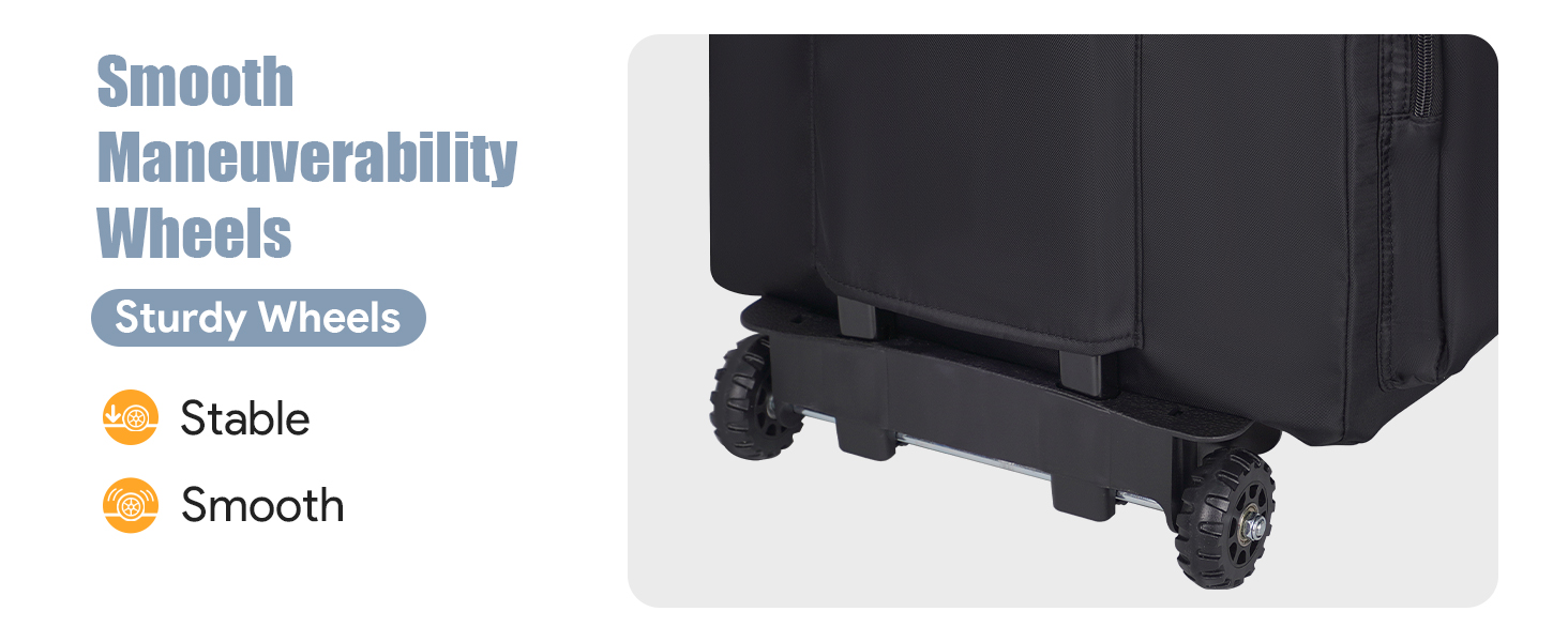 Text reads 'Smooth Maneuverability Wheels' with icons indicating 'Stable' and 'Smooth'. Black wheeled storage cart or container shown from above with four wheels.
