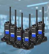 Multiple black two-way radios arranged in a charging station with blue LED indicators, showing organized storage and charging capability.