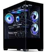 Black computer tower case with transparent side panel, showcasing internal components and four RGB cooling fans emitting purple light. Mesh front panel for airflow.