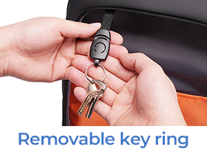 Text reads 'Removable key ring'. Multiple views of a key fob or small device being attached and detached from a metal key ring.