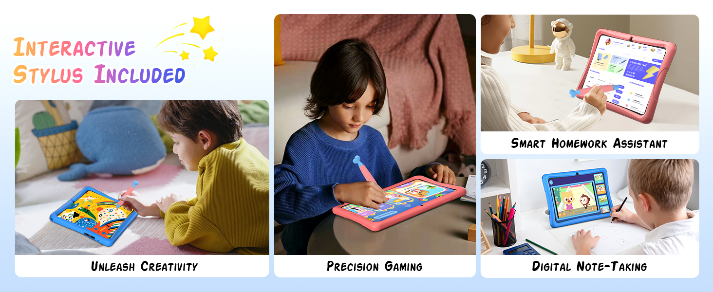 Text reads 'Interactive Stylus Included,' 'Reader Creativity,' 'Precious Stones,' 'Easel Mode Feature.' Four panels show children using interactive stylus device with colorful display screen, tablet mode, and easel positioning.