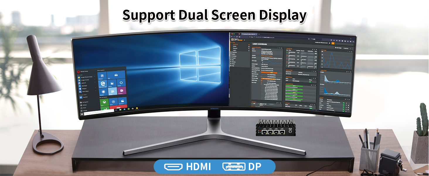 Text reads 'Support Dual Screen Display'. Workspace setup showing dual monitors on desk with Windows interface displayed, desk lamp, and HDMI/DP connection ports visible.