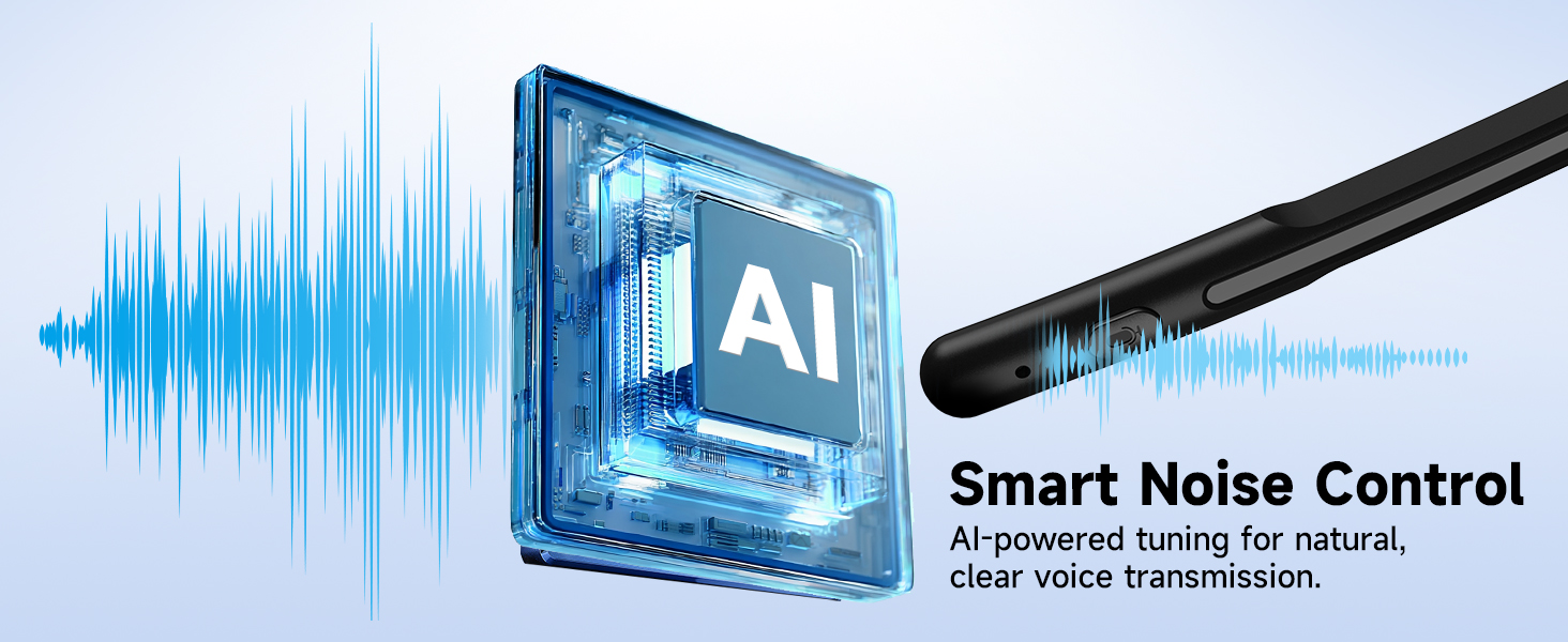 Text reads 'Smart Noise Control'. Technical diagram showing sound waves, AI symbols, and device interfaces in blue tones, illustrating noise cancellation technology.