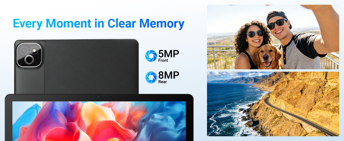 Text reads 'Every Moment in Clear Memory' '9MP' '8MP'. Smartphone camera specifications showing colorful gradient display and sample photos of people and landscape scenes demonstrating image capture capability.