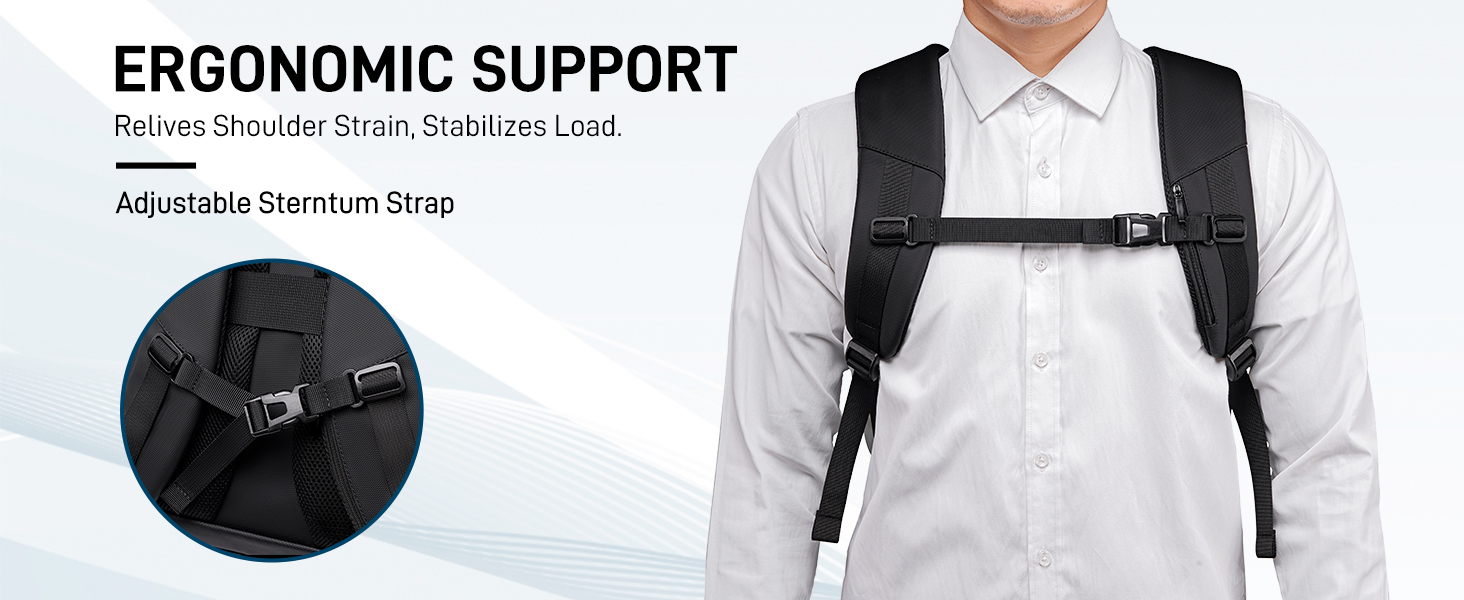 Text reads 'ERGONOMIC SUPPORT Flutter-Shoulder Strap Breathable Adjustable Aluminum Strap'. Black shoulder backpack harness displayed on white dress shirt showing structure and adjustable features.