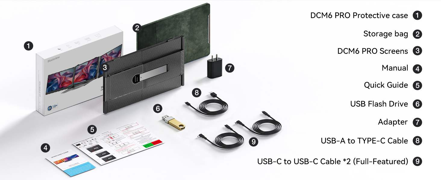 Text reads: 'DCM PRO Protective case', 'Storage bag', 'Manual', 'Quick Guide', 'USB Flash Drive', 'Adaptor', 'USB 4 to USB-C Cable', 'USB-C to USB-C Cable'. Black carrying case with protective foam insert containing various cables, adapters, manual, and accessories displayed with numbered callouts.