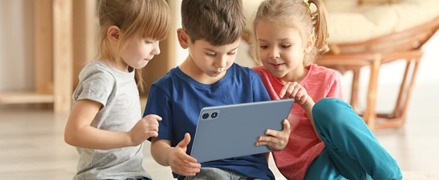 Three children sitting on floor, engaged with a blue tablet device. The tablet has a visible dual camera system on its back.