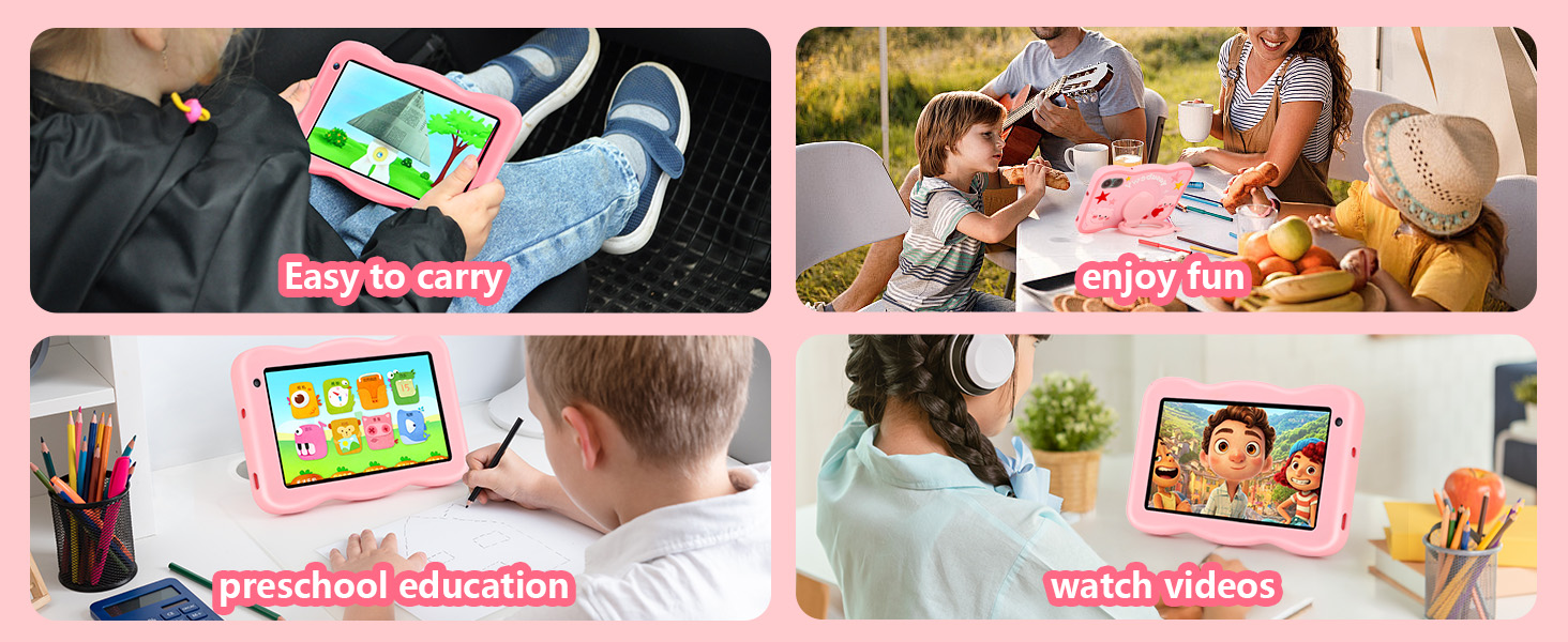 Text reads 'Easy to learn', 'Preschool education', and 'world wisdom'. Series of images showing children using educational tablet applications with colorful graphics.