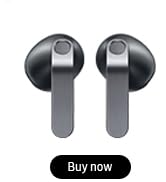 Text reads 'buy now'. White wireless earbuds shown with charging case and interface icons against dark background.