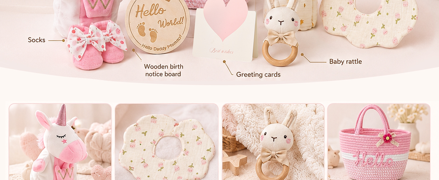 Text reads 'Teething toothbrush', 'Socking toothbrush', 'Chest swaddles', 'Swat Kits'. Pink baby essentials gift set with plush bunny, pink woven basket, and product boxes on bed of pink fabric and baby clothing.