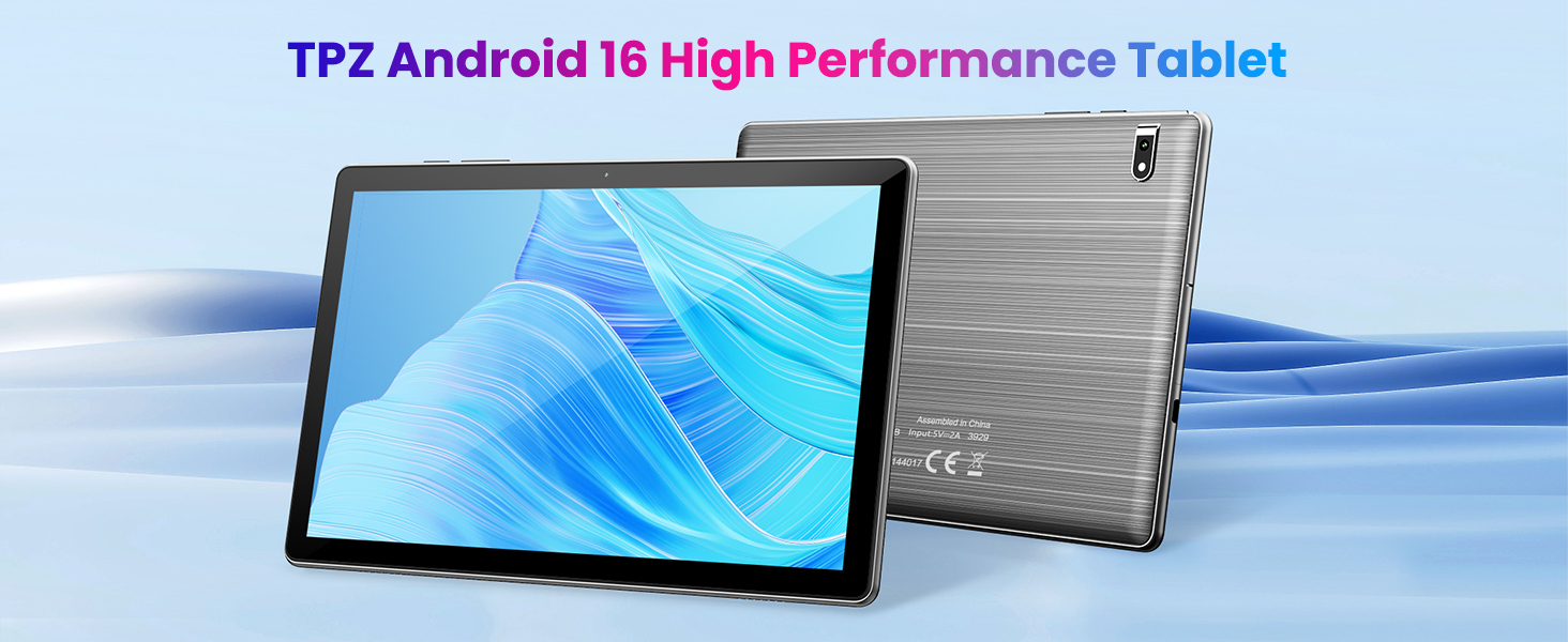 Text reads 'TP2 Android 10 High Performance Tablet'. Tablet device displayed in landscape orientation showing blue digital interface on screen with metallic textured back visible.