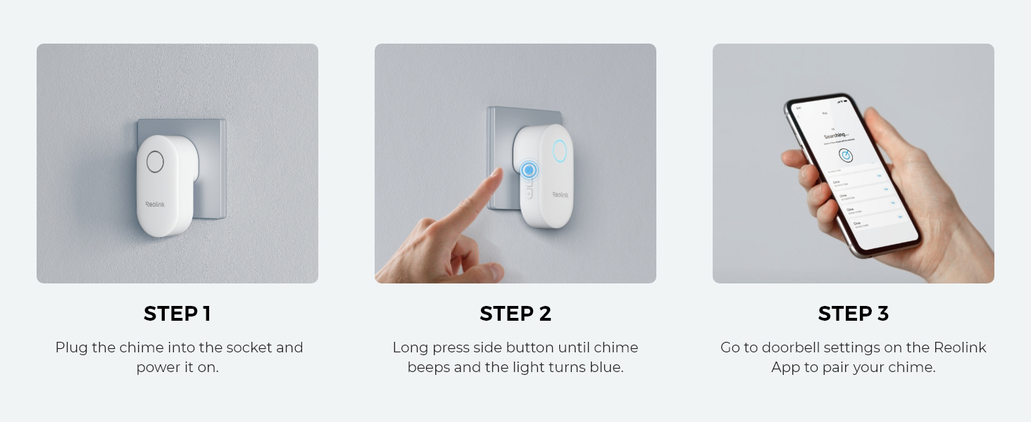 Three-step installation guide for a white wall-mounted device, showing mounting process and smartphone app connection.