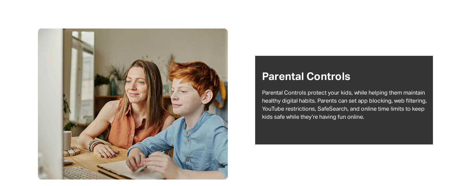 Text reads 'Parental Controls'. Marketing interface showing computer screen with parental control settings and adults supervising child's computer usage.