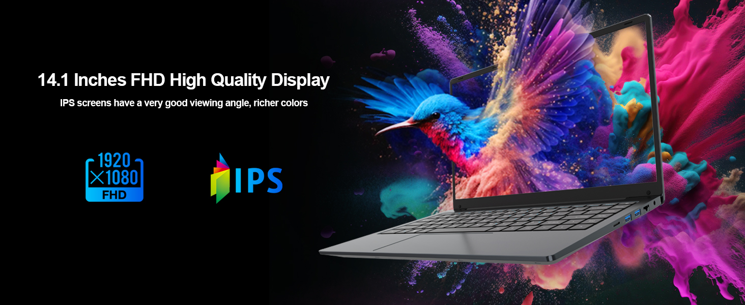 Text reads '14.1 inches FHD High Quality Display' and 'IPS'. Promotional banner showing vibrant colorful explosion effect against black background.