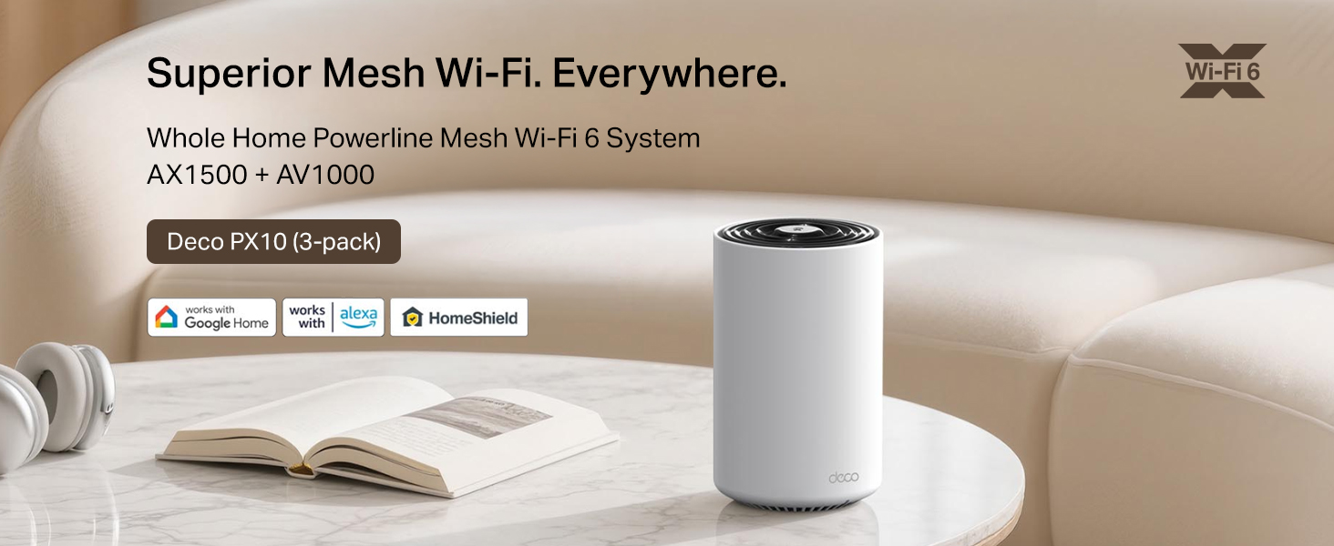Text reads 'Superior Mesh Wi-Fi Everywhere' 'AX7800 / AC2100'. Product marketing image showing white mesh WiFi device in a modern home setting.