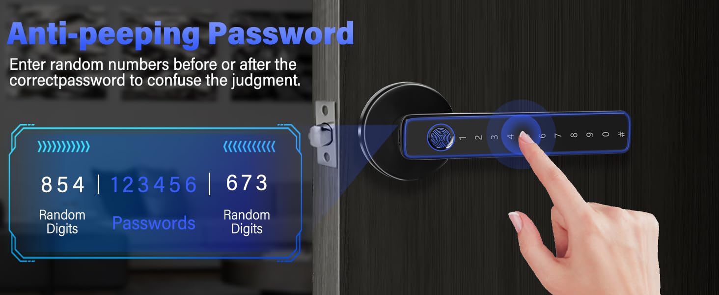 Digital security interface showing anti-peeping password entry system with blue illuminated numbers and fingerprint recognition feature.