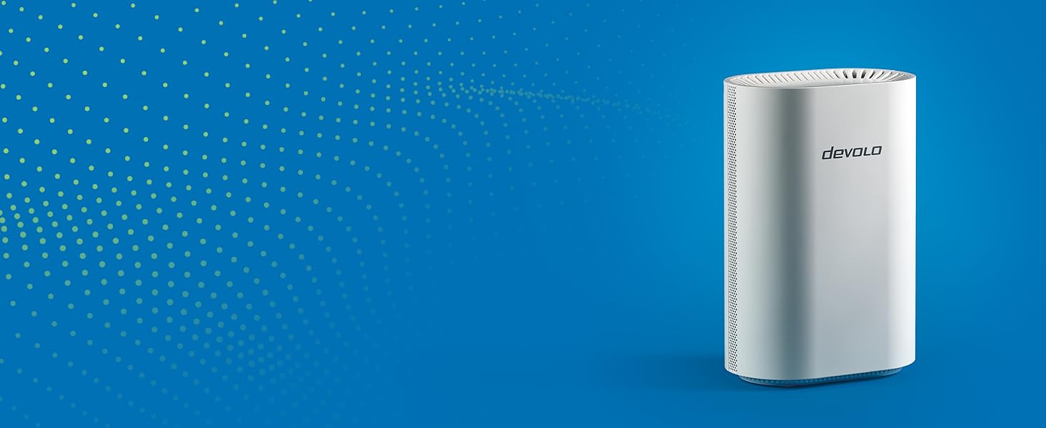 White cylindrical air purifier or similar home device displayed against blue textured background, modern minimalist design with sleek finish.