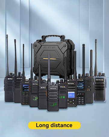 Text reads 'RETEVIS RT86 is a walkie-talkie designed for construction and logistics manufacturing. The product is durable and the hidden display makes operation easier. The talk distance of this walkie-talkie can reach up to 7km and it is equipped with a 2600mAh battery.'