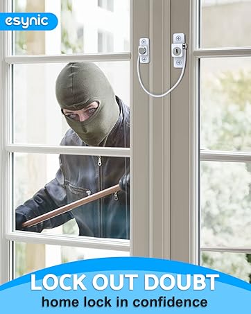 Child safety window lock advertisement. White plastic lock on window frame, with a young child reaching towards it. Text reads 'LOCK FOR KIDS peaceful mind for parents'.