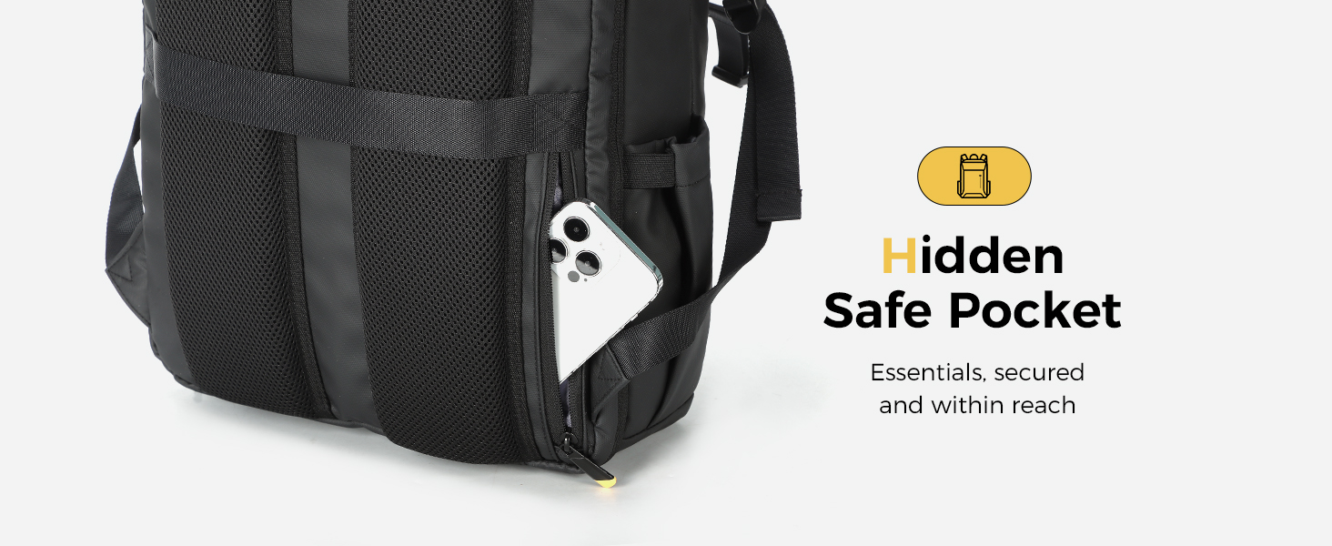 Text reads 'Hidden Safe Pocket' with note 'Conceals, secures and air-dry inside'. Black mesh crossbody bag with shoulder strap, displaying concealed security pocket feature.