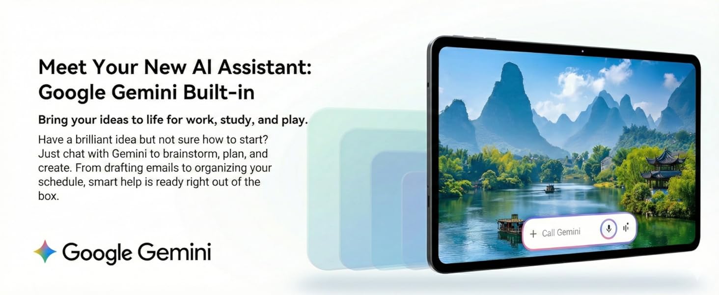 Text reads 'Google Gemini Built-in'. Marketing composite showing mobile devices and laptops displaying nature scenes and interface elements.