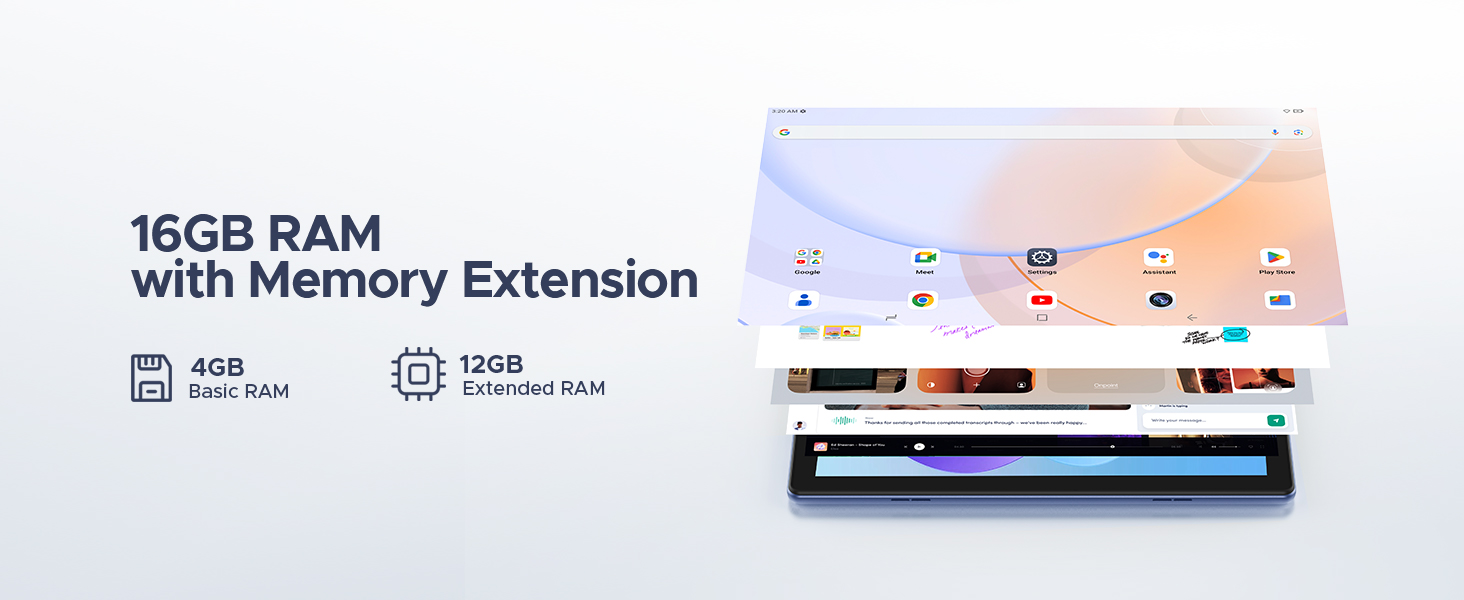 Text reads '16GB RAM with Memory Extension.' Product specifications card showing tech device with blue and peachy gradient interface display.