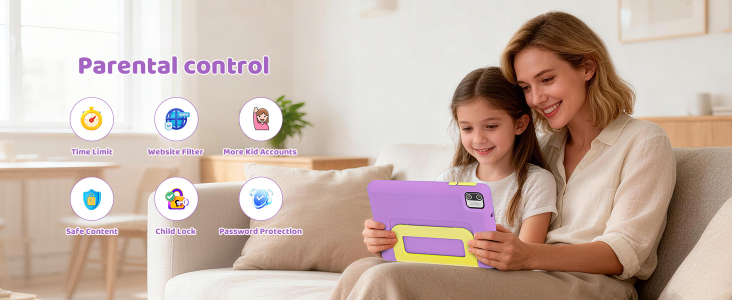 Text reads 'Large enough memory for childhood memories' with three icons showing storage capacity. Purple and yellow tablet device displaying colorful animated character on screen.