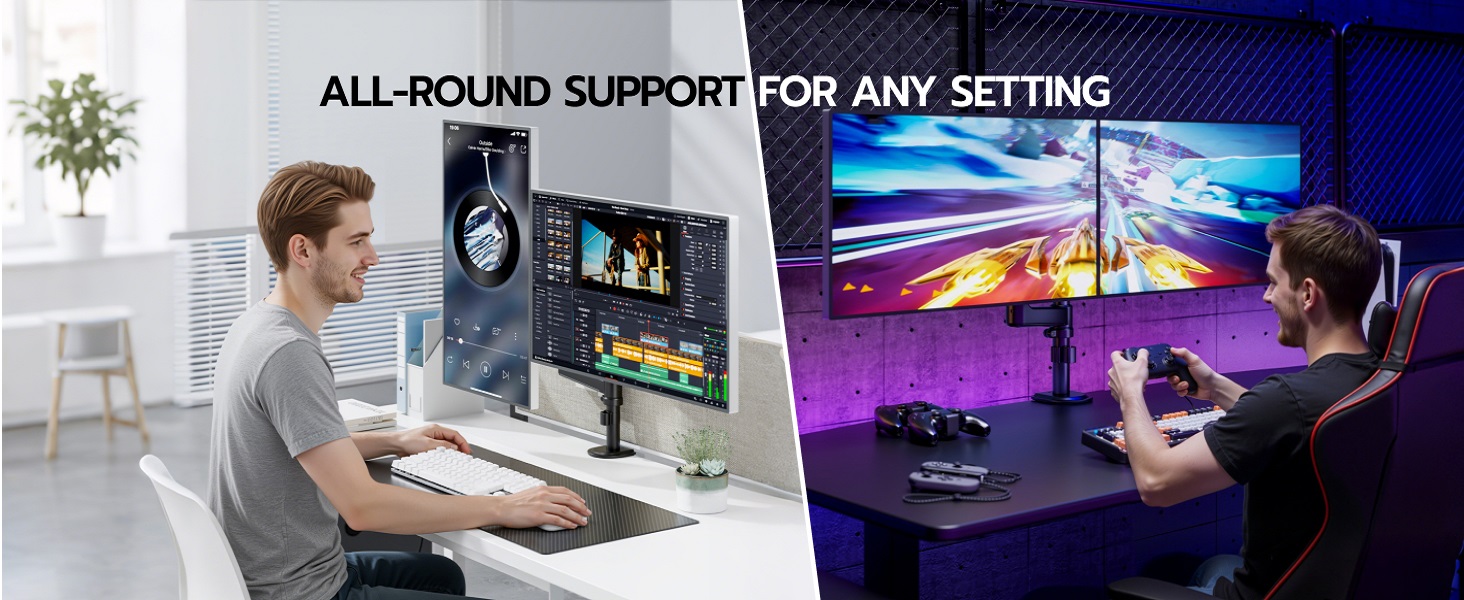 Text reads 'ALL-ROUND SUPPORT FOR ANY SETTING' showing split image of office and gaming setups with monitors and desk arrangements.