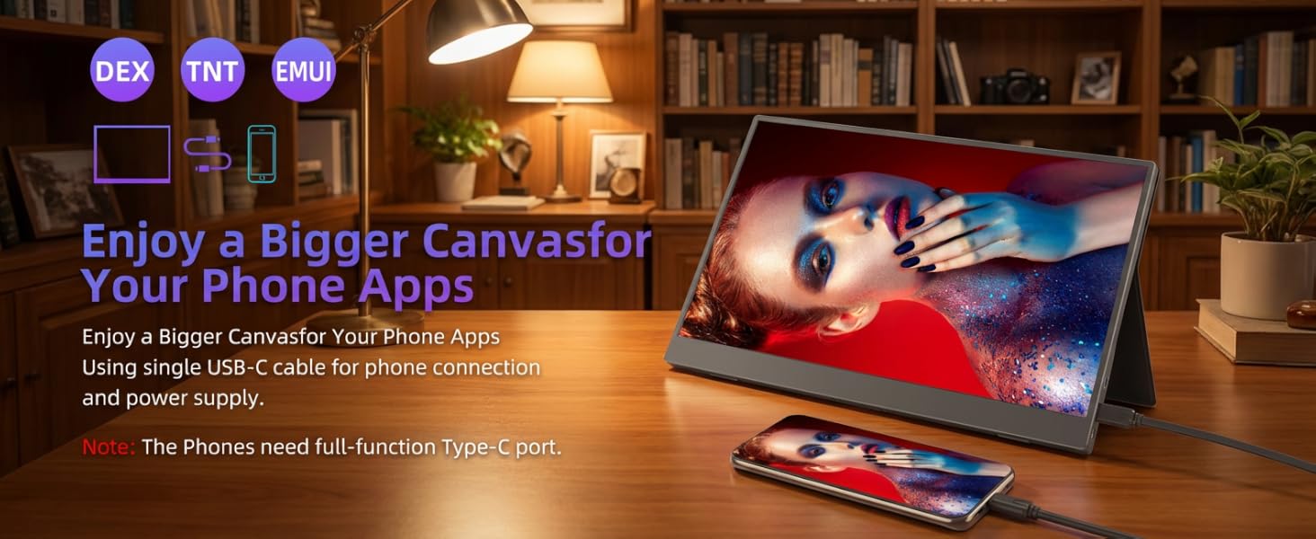 Text reads 'Enjoy a Bigger Canvas' and 'YOUR PHONE APPS'. Dark setting showing mobile device projection or display setup in home environment.