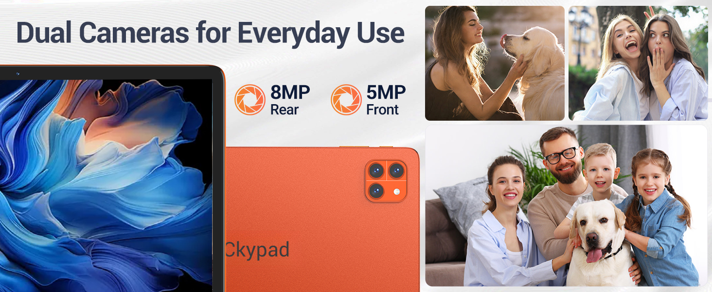 Text reads: 'Dual Cameras for Everyday Use'. Marketing image showing smartphone camera features with technical specifications indicating 8MP and 5MP camera capabilities.