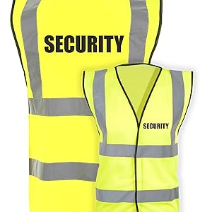 Two high-visibility yellow security vests with reflective stripes. Large vest in foreground, smaller vest behind. Both labeled 'SECURITY' in black text.