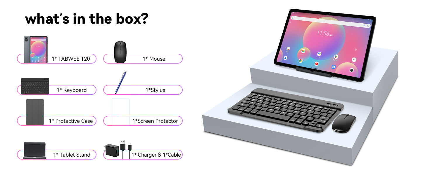 Tablet with colorful screen on white stand, accompanied by wireless keyboard and mouse. Image shows contents of box: tablet, stylus, charger, and various accessories.