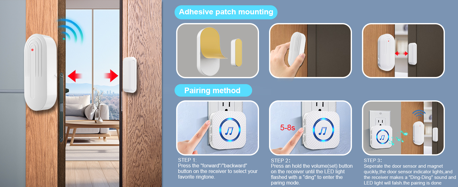 Wireless door sensor installation guide. Shows adhesive mounting steps and pairing process. Includes images of sensor on door frame and smartphone app.