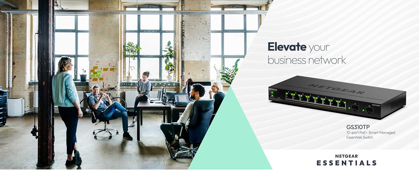 Text reads 'Elevate', 'ESSENTIALS'. Office or workspace environment images showing modern interior, networking equipment, and branded presentation materials.